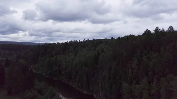 Vista aérea de la tarde de verano en un denso bosque de coníferas y un estrecho río sobre un fondo nublado. Imágenes de archivo. Naturaleza verde de verano, pinos y arbustos . —  Fotos de Stock