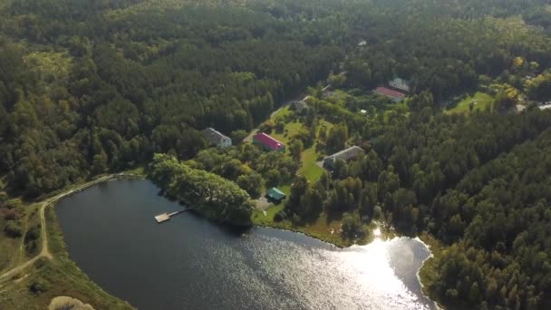 Antenne der Sommerlandschaft mit dem See umgeben von grünem Wald. Archivmaterial. Blick von oben auf Landschaft, See, Häuser und Kiefern. — Stockvideo