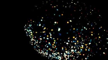 Soyut renkli sim parçacıkları siyah arkaplanda hızla yayılıyor, kusursuz döngü. Animasyon. Kutlama ve tatil konsepti, kıvılcım yağmuru.