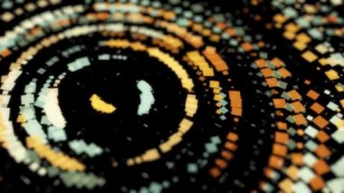 Soyut altın kareler birbirinin içine siyah zemin üzerinde kusursuz döngüler şeklinde yerleştirilmiş. Animasyon. Işıldayan karelerin güzel eğilmiş sıraları.