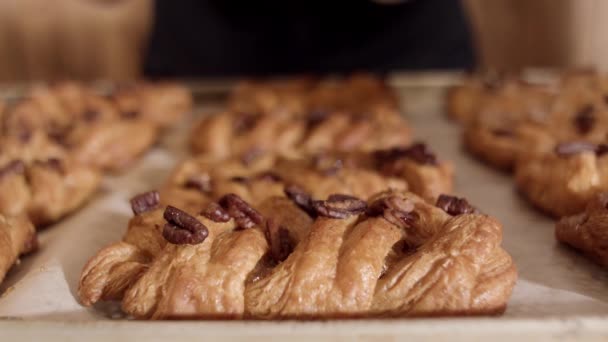 Cooking delicious pastries. Stock footage. A sweet dessert made of puff pastry cooking. Home cooking recipe baking with stuffing — Stock Footage Cooking delicious pastries. Stock footage. A sweet dessert made of puff pastry cooking. Home cooking recipe baking with stuffing Royalty Free Stock Video