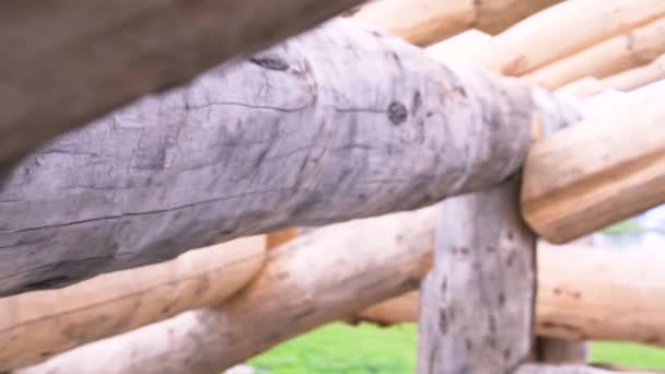 Close-up van de houten stammen, een deel van het houten frame. Een knip. Nieuw ecologisch huis tijdens bouwproces, timmermansconcept. — Stockvideo