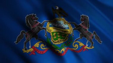 Amerika 'nın Pennsylvania eyaletinin bayrağı, Amerika Birleşik Devletleri' nin rüzgarda dalgalanan bölgesi, kusursuz döngü. Animasyon. Atlı ve kartallı mavi bayrak.
