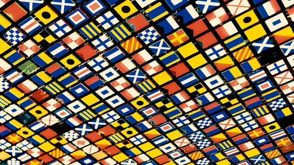 Abstracte rijen vlaggen van verschillende landen op zwarte achtergrond, naadloze lus. Animatie. Vliegende vlag pictogrammen, samenwerking en communie concept. — Stockfoto