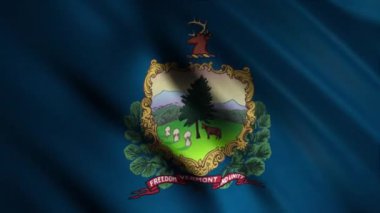 Vermont eyaletinin soyut bir bayrağını kapat, Usa dalgalansın ve dalgalansın, kusursuz döngü. Animasyon. Dalgalı güzel mavi bayrak.
