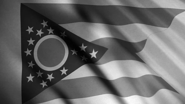 Primo piano dello stato dell'Ohio bandiera in bianco e nero scorre lentamente e formando increspature, anello senza soluzione di continuità. Animazione. Bandiera astratta uno degli Stati Uniti che sventola nel vento, monocromatico . — Foto Stock