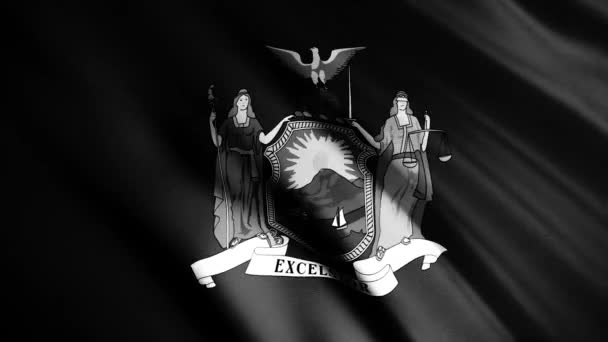 New York Flagge schwenken Hintergrund, nahtlose Schleife. Animation. abstrakter Fahnenstoff, der im Wind-Emblem eines der Vereinigten Staaten flattert, monochrom. — Stockvideo