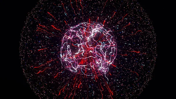 Explosión colorida abstracta del núcleo de neón aislado sobre fondo negro. Animación. Increíble impulso 3d que se extiende en los lados rodeados de pequeñas partículas . — Foto de Stock