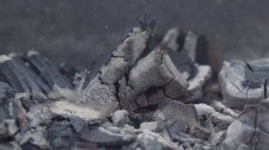 Gri közleri ve siyah metal ızgara arka planında uçan külleri kapatın. Başla. Açık hava kamp ateşi ve yanan odun parçaları..