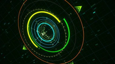 Gelecekteki teknolojiler, soyut güdüm sistemi siyah arka planda izole edilmiş. Animasyon. Dijital programın dönen neon parçalarını kapat, dikişsiz döngü.