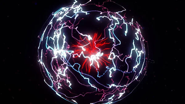 Explosão colorida abstrata de núcleo de néon isolado sobre fundo preto. Animação. Incrível impulso 3d espalhando-se para os lados cercados por pequenas partículas . — Fotografia de Stock