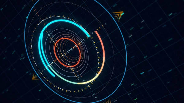 Geleceğin teknolojileri, soyut güdüm sistemi siyah arka planda izole edilmiş. Animasyon. Dijital programın dönen neon parçalarını kapat, dikişsiz döngü.