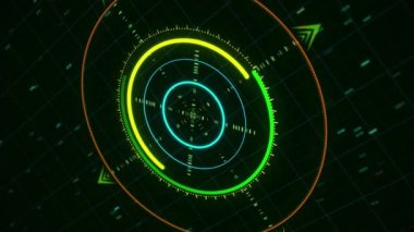 Gelecekteki teknolojiler, soyut güdüm sistemi siyah arka planda izole edilmiş. Animasyon. Dijital programın dönen neon parçalarını kapat, dikişsiz döngü.