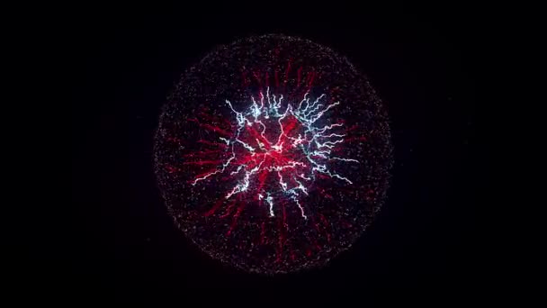 Abstract colorful explosion of neon nucleus isolated on black background. Animation. Amazing 3d impulse spreading into the sides surrounded by small particles. — Stock Video
