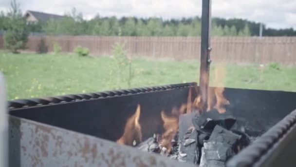 Primo piano di fiamme fuoco campo e chargrill su sfondo prato verde. Azione. Bruciare legna da ardere e braci in un braciere di metallo sullo sfondo di erba verde . — Video Stock