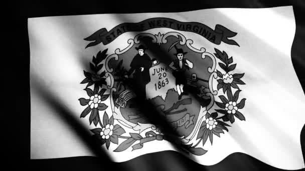 West Virginia realistische close-up vlag fladderen in de wind, naadloze lus. Animatie. Realistische achtergrond met een wapperende vlag van West Virginia, Usa, monochroom. — Stockvideo