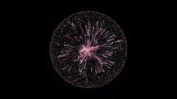 3D abstrakte bunte Explosion des Sterns isoliert auf schwarzem Hintergrund. Animation. wunderschöner rosafarbener Himmelskörper, der sich im Weltraum bewegt, umgeben von einer Wolke von Teilchen. — Stockfoto