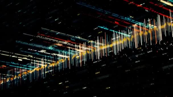 Analisi astratta della registrazione, background informativo, tecnologia e concetto di dati. Animazione. Grafico in costante cambiamento che scorre su sfondo nero, loop senza soluzione di continuità . — Video Stock