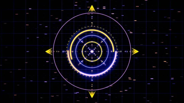 Animación generada digitalmente del sistema de segmentación con un resplandor amarillo y azul y códigos de programa que se ejecutan sobre fondo negro, bucle sin fisuras. Animación. Concepto tecnológico . — Foto de Stock