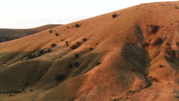 Vista lateral del paisaje montañoso con arbustos en crecimiento bajo la luz del atardecer por la noche. Le dispararon. Aérea de la región montañosa sobre fondo de cielo azul . — Vídeos de Stock