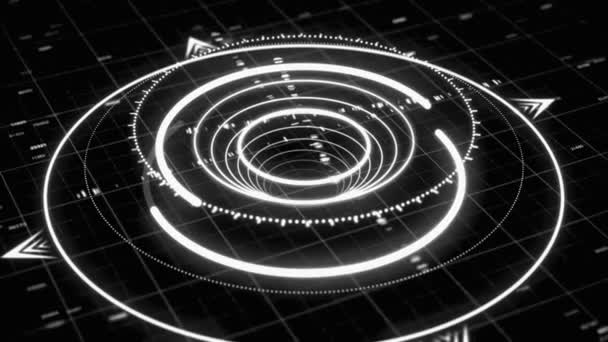 Monochrome 3d circular graph resembling a modern compass with several narrow arrows and digits on the dark background. Animation. Future and innovation concept — Αρχείο Βίντεο