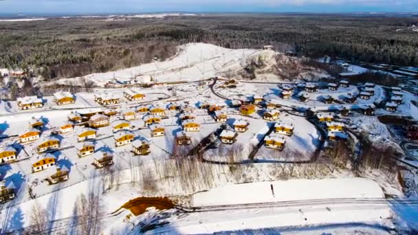 Aerial view of winter village near the pine tree forest. Journey. Amazing flight above houses and cottages covered by snow located in ecological area. — ストック動画