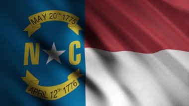 Kuzey Carolina 'nın dalgalı bayrağının yakın çekimi. Animasyon. Kırmızı, beyaz ve dikey mavi çizgileri ve N ve C harflerinin altın harfleriyle dikdörtgen bayrağın vatansever arka planı.