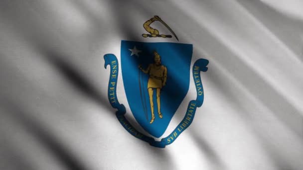マサチューセッツ州の旗を振ってのクローズアップ。アニメーション。中央に腕のコートのイメージと風に振って白い旗とアニメーションの背景。アメリカの国旗 — ストック動画