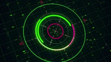 Bright neon 3d abstract animation of circular graph with digits resembling a modern compass rotating on the dark background. Animation. Future and innovation concept.