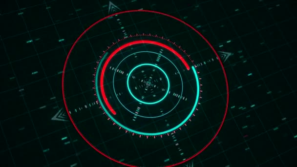Bright neon 3d abstract animation of circular graph with digits resembling a modern compass rotating on the dark background. Animation. Future and innovation concept. — Vídeo de stock