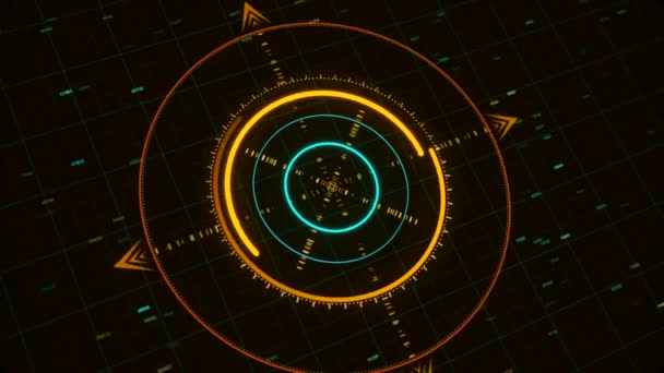 Abstract 3d circular graph resembling a modern compass with several narrow arrows and digits on the dark background. Animation. Future and innovation concept — Stock Video