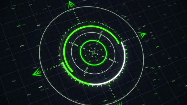 Abstract 3d circular graph resembling a modern compass with several narrow arrows and digits on the dark background. Animation. Future and innovation concept — Wideo stockowe