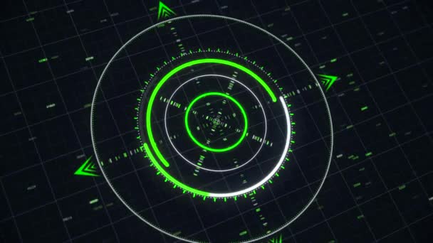 Abstract 3d circular graph resembling a modern compass with several narrow arrows and digits on the dark background. Animation. Future and innovation concept — Stockvideo