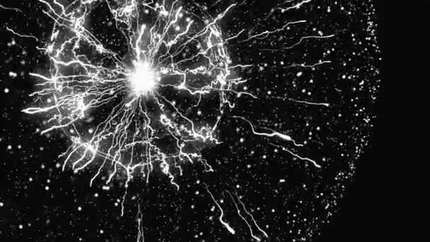 Monochrome abstract lightning and bright light in energy ball with zippers on the black background. Animation. Electric discharge cartoon animation. — Stok video