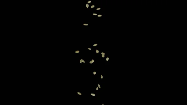 Semillas de sésamo de color blanco cayendo en dirección ascendente aisladas sobre fondo negro. Imágenes de archivo. Concepto de preparación de alimentos, semillas de sésamo volando hacia arriba . —  Fotos de Stock