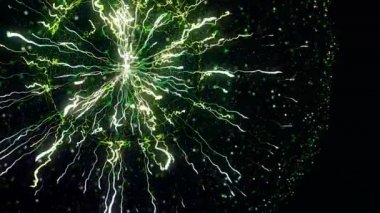 Siyah arkaplanda küre içindeki parlak enerji hatlarının soyut akışları. Animasyon. Plazma topunda parçacıklarla parlayan çizgilerin yakın plan görüntüsü