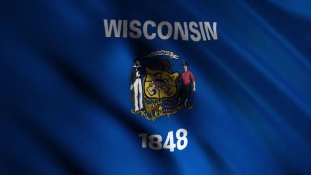 Flaga Wisconsin z bliska. Animacja. Niebieska flaga ze środkiem stanu wydruku obrazu, której środkiem jest napis w okręgu "E Pluribus Unum". Flagi państw Ameryki — Wideo stockowe