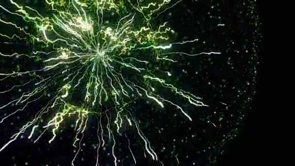Abstract bright streams of energy lines in sphere on black background. Animation. Close-up of bright flashes of lines in plasma ball with particles — Stockvideo