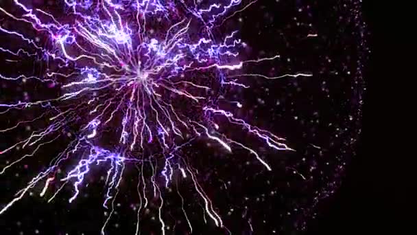 Abstract bright streams of energy lines in sphere on black background. Animation. Close-up of bright flashes of lines in plasma ball with particles — Stock Video