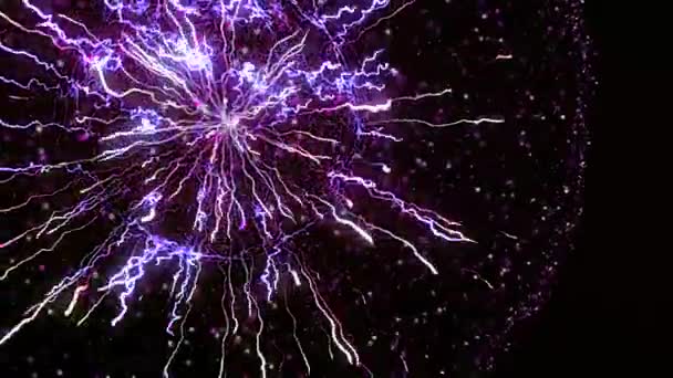 Abstract bright streams of energy lines in sphere on black background. Animation. Close-up of bright flashes of lines in plasma ball with particles — Stockvideo