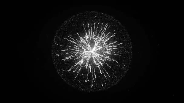 Líneas de energía abstractas dentro de la esfera sobre fondo negro. Animación. Flash abstracto de plasma de energía dentro de la esfera con gráficos 3D por computadora — Vídeo de stock