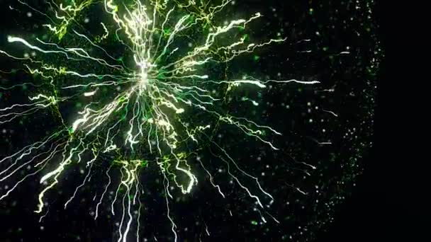 Abstract bright streams of energy lines in sphere on black background. Animation. Close-up of bright flashes of lines in plasma ball with particles — Stockvideo