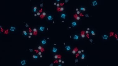 Animation of seamless loop. Animation. Abstract animation of multicolored neon social media network emojis icons rotating in spiral on the black background.