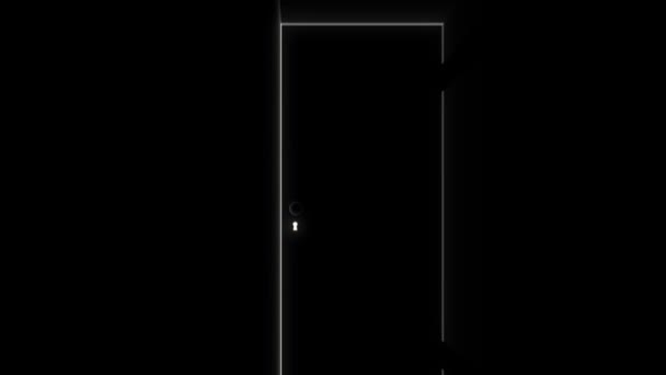 Abstract animation of door in the dark room and keyhole with shining light rays. Animation. Keyhole without key sticking in it — 图库视频影像