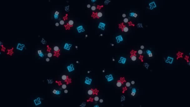 Animation of seamless loop. Animation. Abstract animation of multicolored neon social media network emojis icons rotating in spiral on the black background. — 비디오