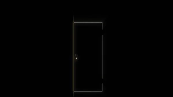 Drzwi w ciemnym pokoju otwiera i wypełnia przestrzeń jasnym białym światłem, nowe możliwości koncepcji. Animacja. Abstrakcyjna sylwetka drzwi i dziurki od klucza z kluczem wewnątrz, monochromatyczna. — Zdjęcie stockowe