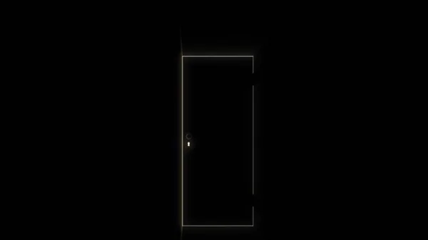 Door in a dark room opens and fills the space with bright white light, new possibilities concept. Animation. Abstract silhouette of door and keyhole with a key inside, monochrome. — Stock Photo, Image