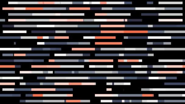 Abstract horizontal parallel rows of line segments moving intermittently into the same direction isolated on black background. Animation. Seamless loop motion design. — 비디오