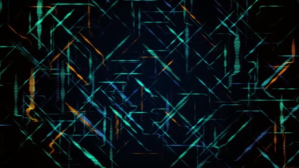 Laser neon colorful light rays glowing in seamless loop motion on black background. Animation. Abstract laser beams crossing while camera moving through them. — Stock Video