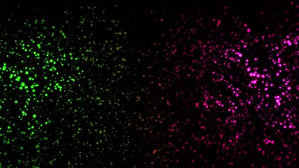 Pontos coloridos de néon se movendo no espaço. Animação. Animação abstrata de pontos de néon coloridos em movimento em um fundo preto — Vídeo de Stock